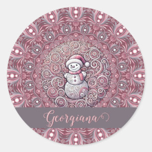 Sticker Rond Nom personnalisé mignon Whimsical Pink Snowman Man