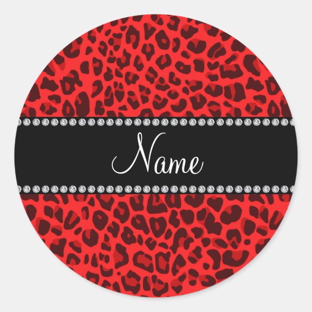 Sticker Rond Nom personnalisé motif léopard rouge (Devant)