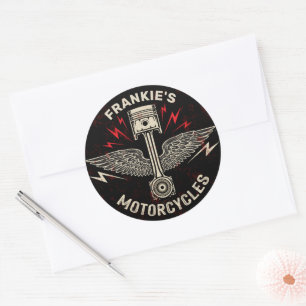 Sticker Rond Nom personnalisé Motorcycle Piston Wings Biker Gar