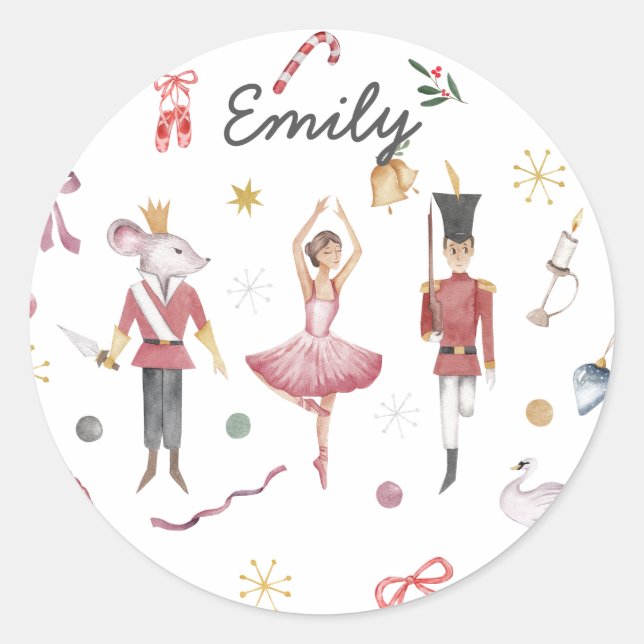 Sticker Rond Nom personnalisé Nutcracker Ballet Ballerina Noël (Devant)