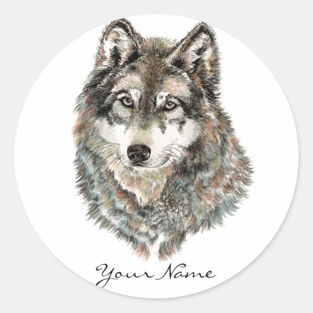 Sticker Rond Nom personnalisé ou texte Loup aquarelle animal (Devant)