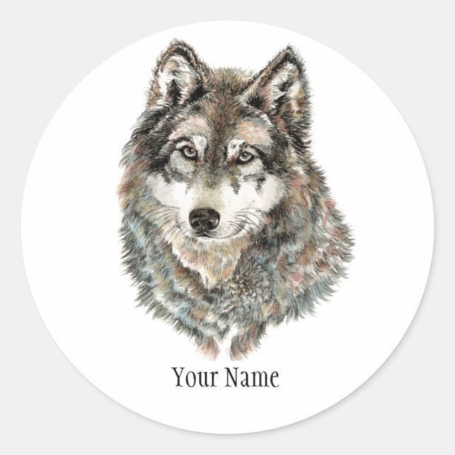 Sticker Rond Nom personnalisé ou texte Loup aquarelle animal (Devant)