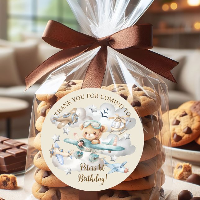 Sticker Rond Nom personnalisé Pilote Teddy Bear fête d'annivers (Créateur téléchargé)