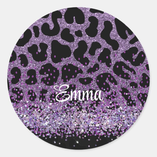 Sticker Rond Nom personnalisé Purple Leopard parties scintillan (Devant)