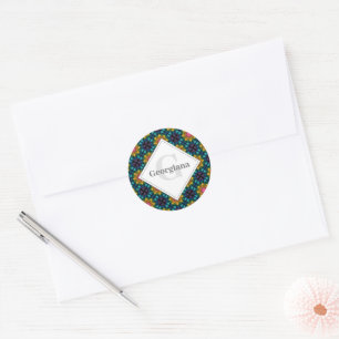 Sticker Rond Nom personnalisé Rainbow Floral Fontaine Carreaux