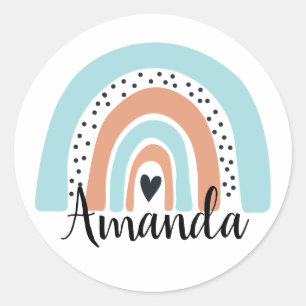 Sticker Rond Nom personnalisé Rainbow Heart Blue Peach