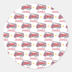 Sticker Rond Nom personnalisé Red Fire truck Party