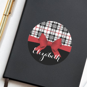 Sticker Rond Nom personnalisé Red Ribbon et Tartan Plaid