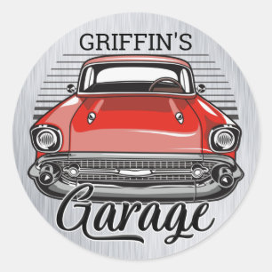 Sticker Rond NOM personnalisé Retro Red Classic Car Garage