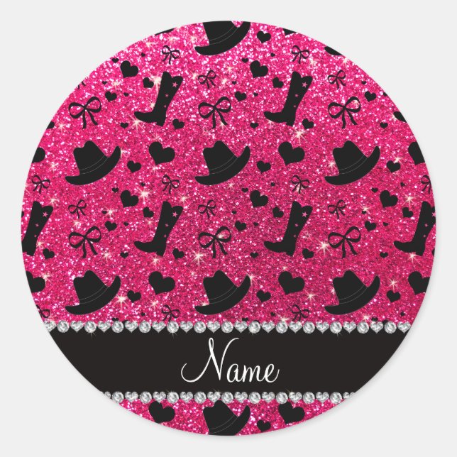Sticker Rond Nom personnalisé rose rose parties scintillant cow (Devant)