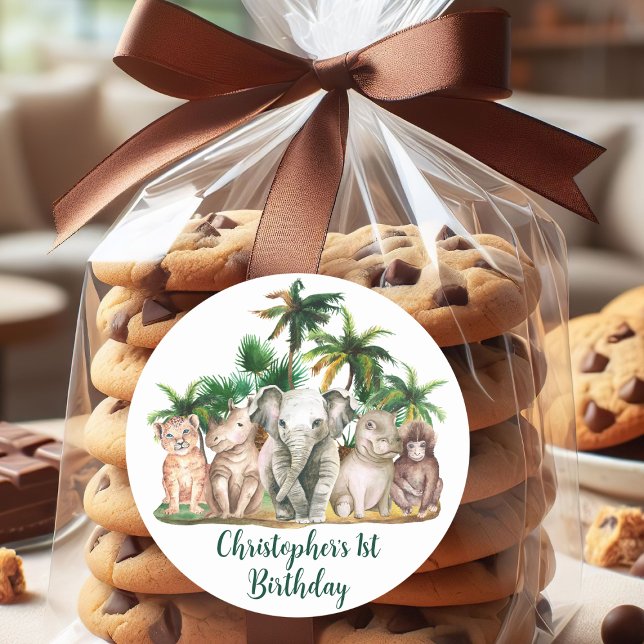 Sticker Rond Nom personnalisé Safari Animaux Palm Trees (Créateur téléchargé)