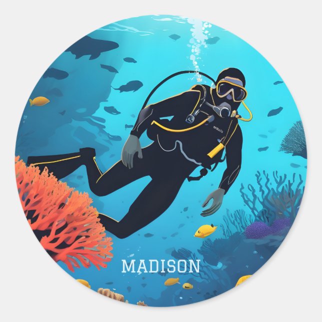 Sticker Rond Nom personnalisé Scuba Diver (Devant)