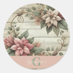 Sticker Rond Nom Personnalisé Shabby Chic Pastel Poinsettias Ga