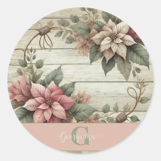 Sticker Rond Nom Personnalisé Shabby Chic Pastel Poinsettias Ga (Devant)