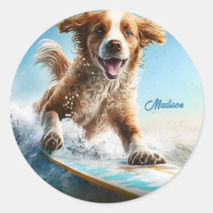 Sticker Rond Nom personnalisé Surfing Chien