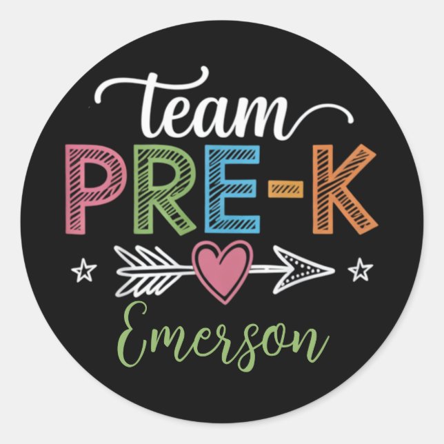 Sticker Rond Nom personnalisé Team Pré-K Pré-School Teacher (Devant)