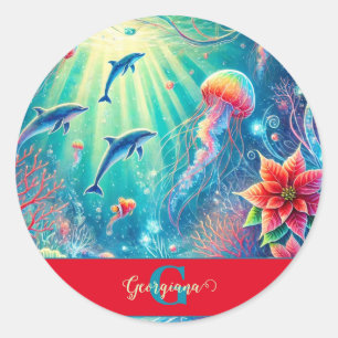 Sticker Rond Nom Personnalisé Whimssical Floral Coral Reef Poin