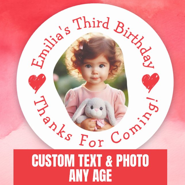 Sticker Rond Nom photo personnalisé Anniversaire Merci Faveurs (Custom Photo Name Birthday Thank You Favors Classic Round Sticker.)