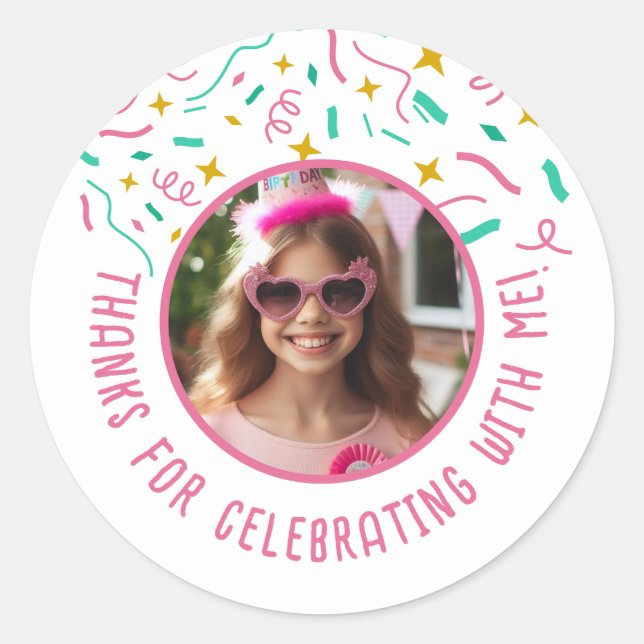 Sticker Rond Nom photo personnalisé Confetti Anniversaire Merci (Devant)