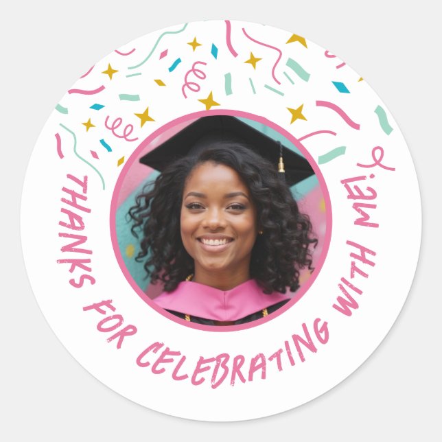 Sticker Rond Nom photo personnalisé Confetti Graduation Merci (Devant)