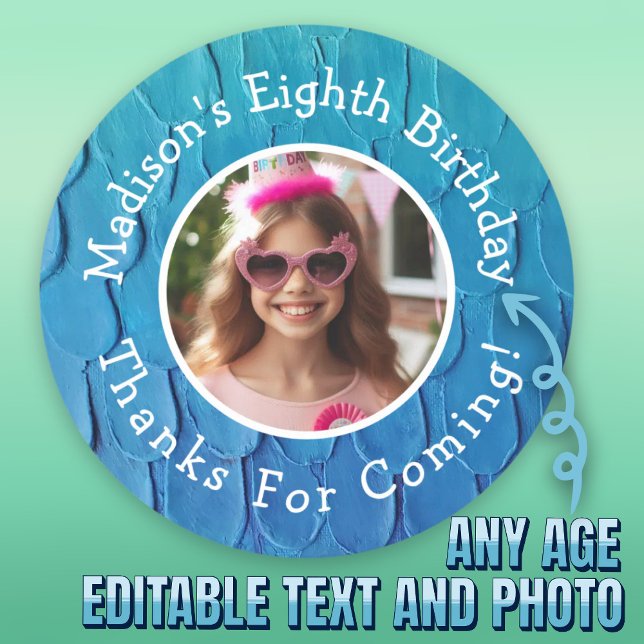 Sticker Rond Nom photo personnalisé Mermaid Thème Anniversaire  (Custom Photo Name Mermaid Theme Birthday Thank You Classic Round Sticker.)