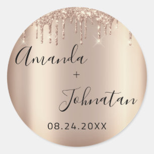 Sticker Rond Nom Rose Gold Drips Sparkly Enregistrer La Date
