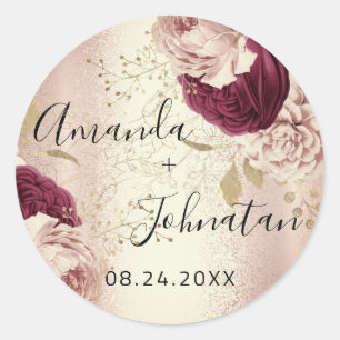 Sticker Rond Nom Rose Gold Floral Enregistrer La Date