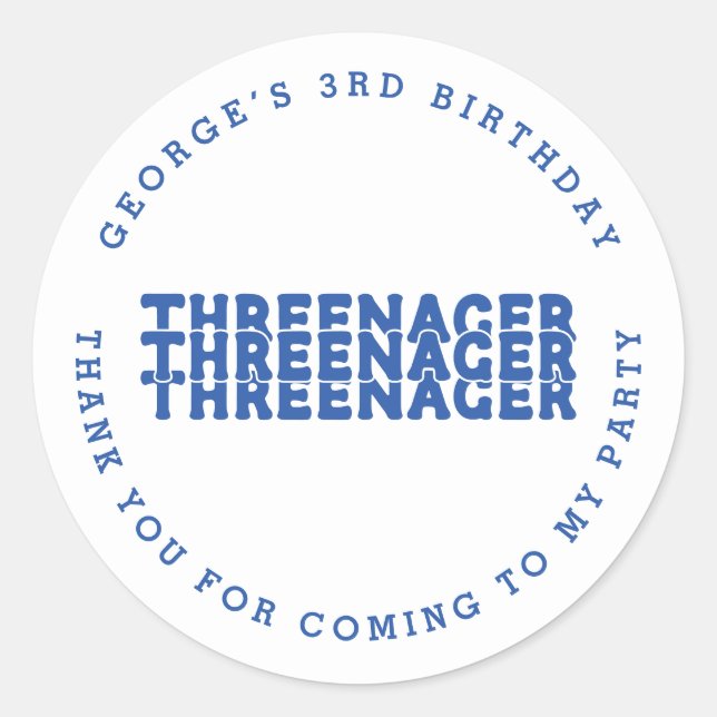 Sticker Rond Nom trienager 3e anniversaire Merci bleu (Devant)