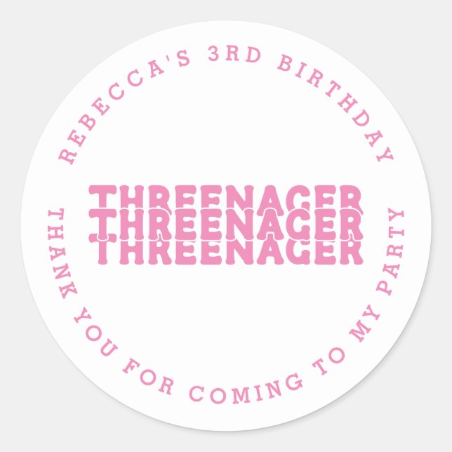 Sticker Rond Nom trienager 3e anniversaire Merci rose (Devant)