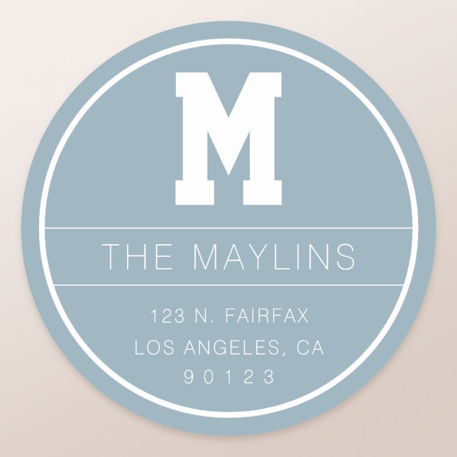 Sticker Rond Nom unique & modèle de monogramme | Bleu poussiére (Créateur téléchargé)