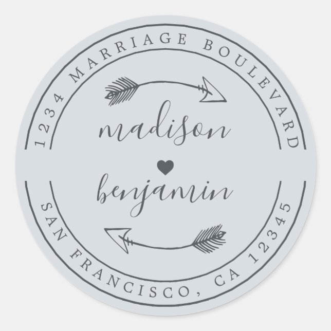Sticker Rond Noms Arrow en bleu Mariage Adresse de retour (Devant)