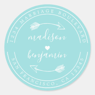 Sticker Rond Noms Arrow en bleu Mariage Adresse de retour