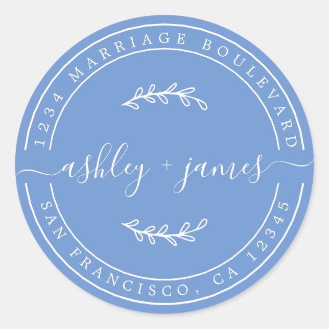 Sticker Rond Noms Chic Cornflower Blue Mariage Adresse de retou (Devant)