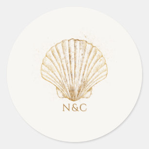 Sticker Rond Noms coquillages dorés élégants Initiales Mariage