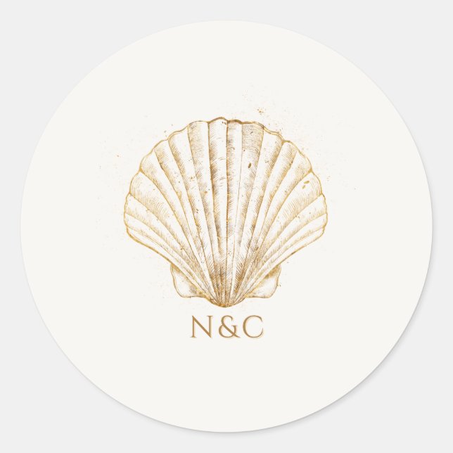 Sticker Rond Noms coquillages dorés élégants Initiales Mariage (Devant)