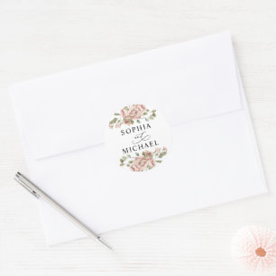 Sticker Rond Noms de couple à l'aquarelle florale rose tendre M