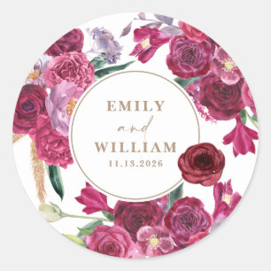Sticker Rond Noms de couple de mariage floral Bourgogne romanti