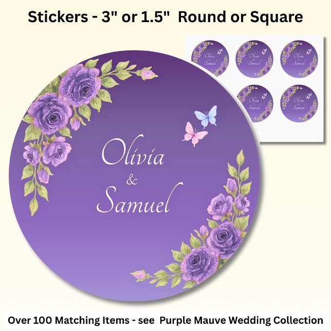 Sticker Rond Noms de la Mariée & du Marié Fleurs Mauve Violet & (Créateur téléchargé)