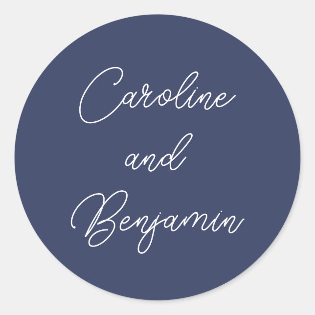 Sticker Rond Noms de mariage de style moderne Navy Blue (Devant)