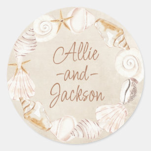 Sticker Rond Noms de mariage plage coquillages sable bord de me