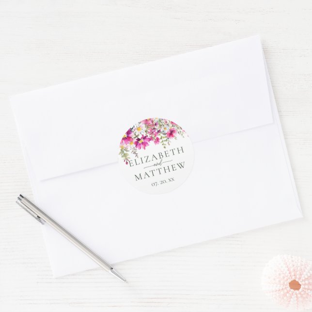 Sticker Rond Noms de Mariages floraux Fleurs sauvages rose vif (Enveloppe)