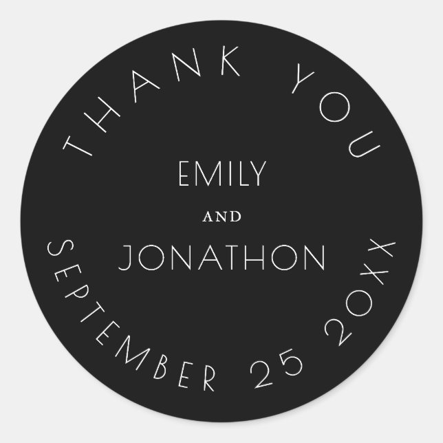 Sticker Rond Noms de Merci Mariage simple Date Noir Blanc (Devant)
