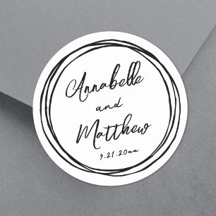 Sticker Rond Noms de minimalistes simples Mariage dessiné à la