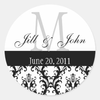 Sticker Rond Noms de monogramme Date Mariage damassé Gris Noir