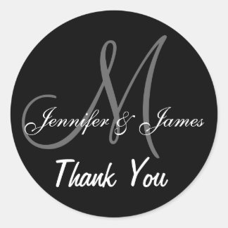 Sticker Rond Noms de monogramme de Merci Mariage noir