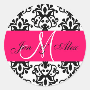 Sticker Rond Noms de monogramme rose chaud Mariage damassé Seal