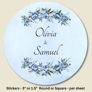 Sticker Rond Noms des mariés bleu pivoine