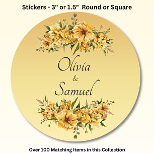 Sticker Rond Noms des mariés Fleurs jaune doré