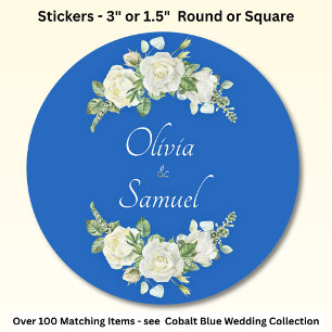 Sticker Rond Noms des mariés Roses Bleu Cobalt et Blanc 