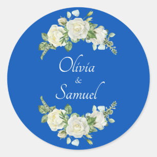 Sticker Rond Noms des mariés Roses bleues et blanches cobalt
